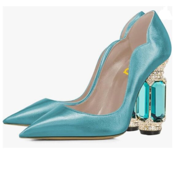FSJ Lake Blue Pointed Toe Crystal High Heel Pumps Comfort Slip On Prom Shoes - Picture 1 of 8
